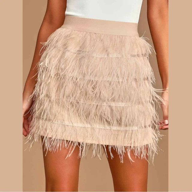 NWOT Lulu’s Feeling Fancy Blush Ostrich Feather Mini Skirt Size Small