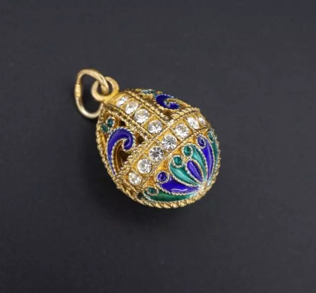 Russian Sterling Vermeil Enamel Crystal Imperial Style Egg Pendant 1.2" PS2030