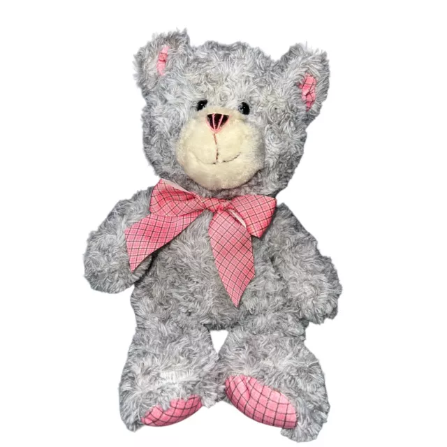 Walmart Grey Gray Swirl Teddy Bear Plush  Pink Gingham Ears Feet Bow Stuffed 15”