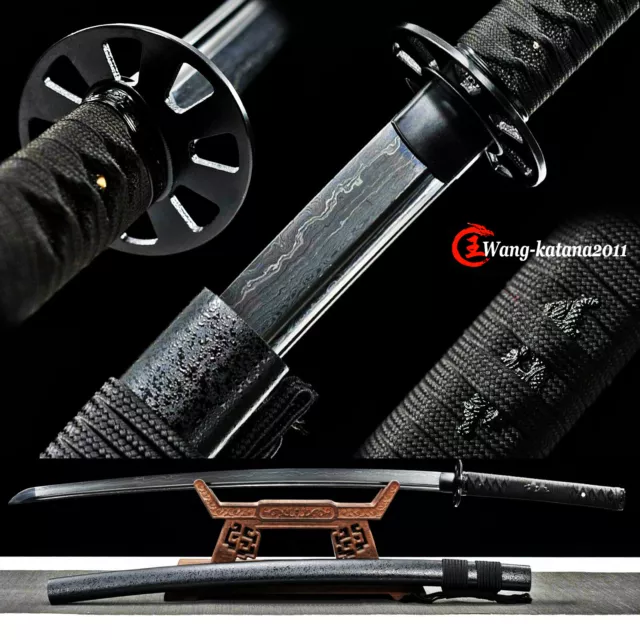 All Black Katana Damuscus Folded T10 Steel Functional Japanese Samurai Sword