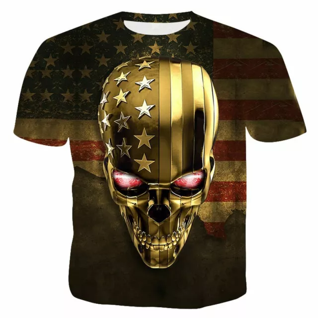 T Shirt Cool Skull Skeleton Cartoon USA Flag Double sided Short Sleeve Sz L M S