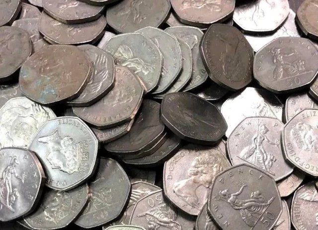 £25 Great British Pounds, 50 x UK vintage 50 Pence Coins (1969-1994 type)