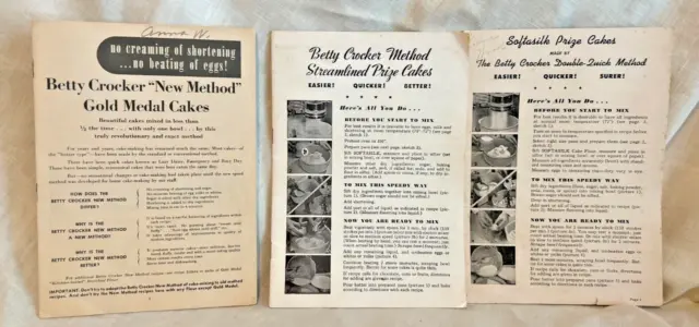 3 Vtg 1940s War Time Betty Crocker Gold Medal Cake Recipe Cookbook Softasilk