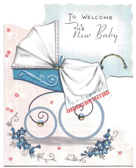Vintage New Baby Arrival Greetings Card Pram Die Cut Maxam England 1940s-1950s