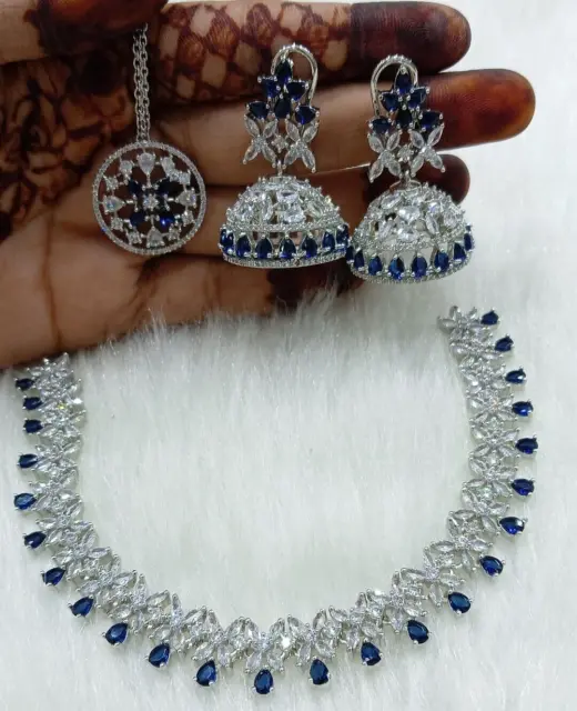 Bollywood Designer Indian Silver Plated AD CZ Necklace Jhumka Tika Set