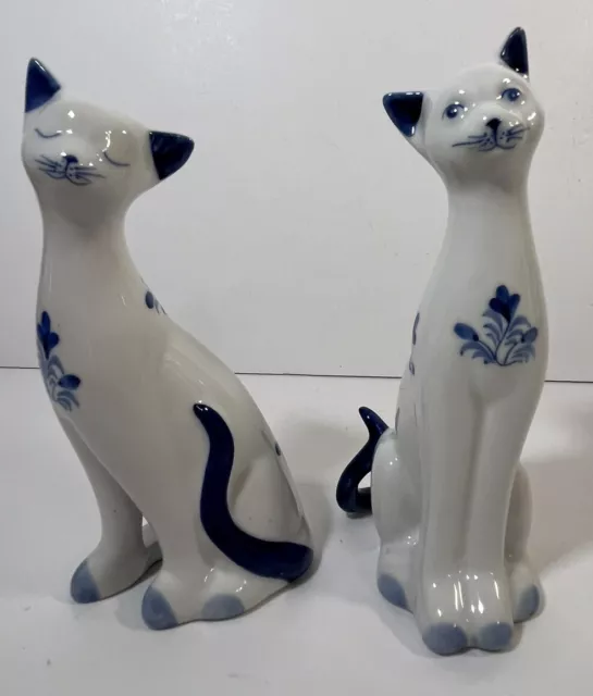 Andrea by Sadek Vintage Blue and White Floral Ceramic Cat Figurines Set of 2