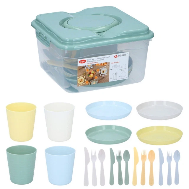 21PCS PLASTIC PLATES Cups Cutlery Set Picnic BBQ Camping Storage Box