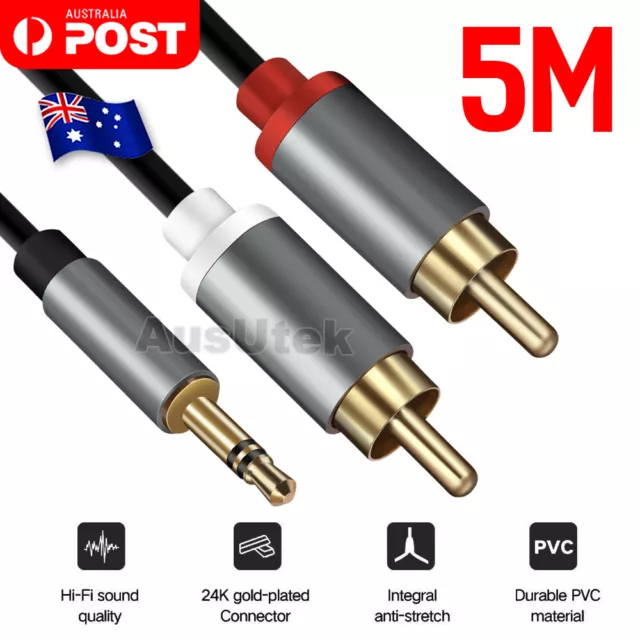 5M Stereo Audio 3.5mm Aux Jack to 2 RCA M/M Y Splitter Cable Gold Plated