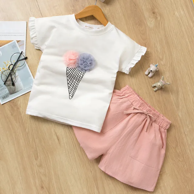 Toddler Kids Baby Girls Outfits Clothes Ice Cream Print Tops T-Shirt+Shorts Set