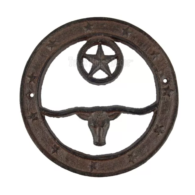 Longhorn Star Sign Plaque Circle Cast Iron Rustic Western Texas Decor 6.5 inch