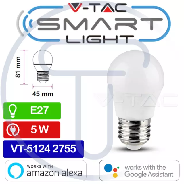 V-TAC SMART HOME VT-5124 2755 Ampoule LED E27 5W G45 Google Amazon RGB Blanc
