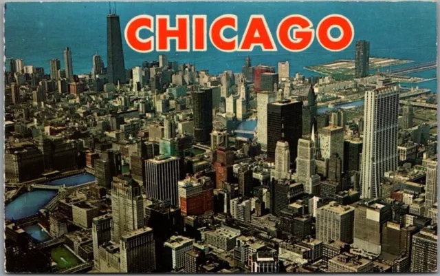 c1960s CHICAGO, Illinois Postcard "Aerial View of Downtown" Curteich Chrome