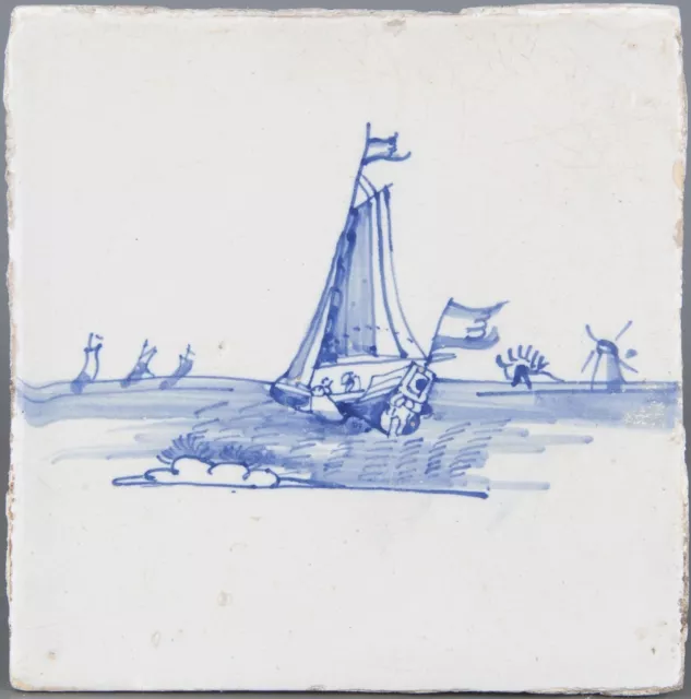 Nice Dutch Delft Blue tile, sailboats, 18th century.