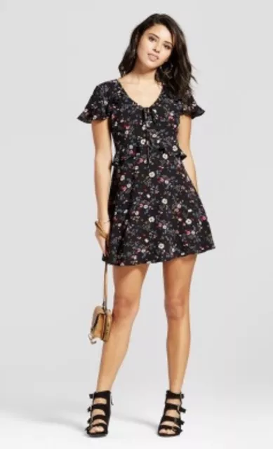 New Xhilaration Women's Black Ruffle Floral Short Sleeve Dress Juniors Sz Xl