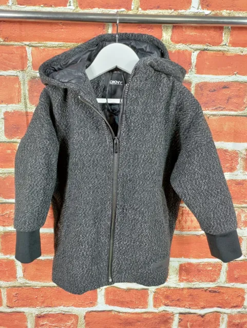 Boys Dkny Age 3-4 Years Black Grey Wool Blend Zip Up Hooded Coat Jacket 104Cm