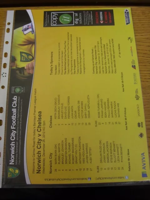 26/12/2012 Colour Teamsheet: Norwich City v Chelsea  . Thanks for viewing our it