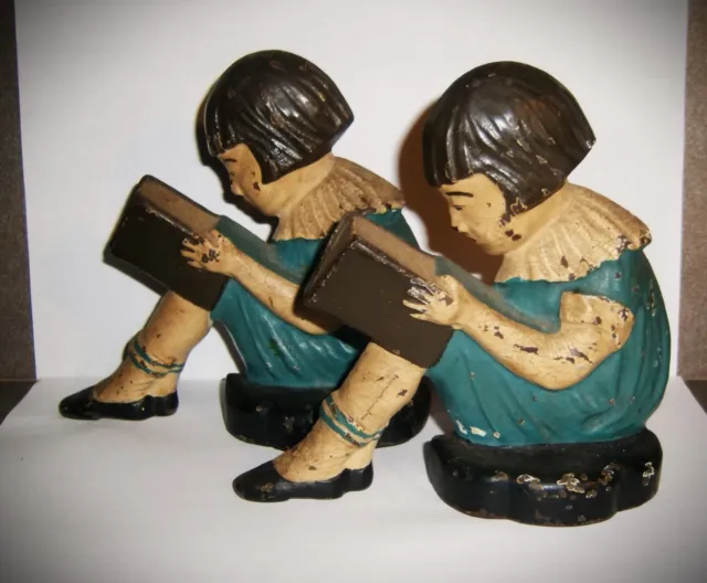 BOOKENDS Antique Cast Iron GIRL Blue Dress Short Hair Reading Book Old Vintage