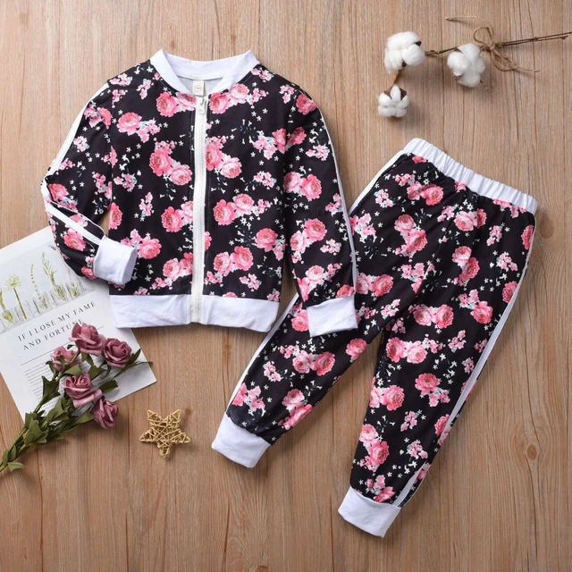 Set 2 pz tuta floreale per bambine con cappuccio top jogger pantaloni abiti abiti 3