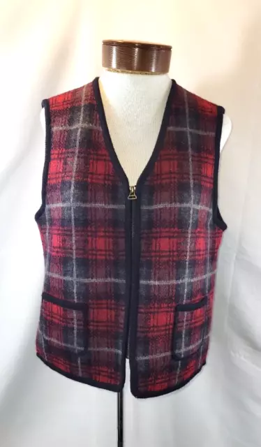 Requirements Womens Medium Red Black Plaid 100% Wool Full Zip Vintage Vest