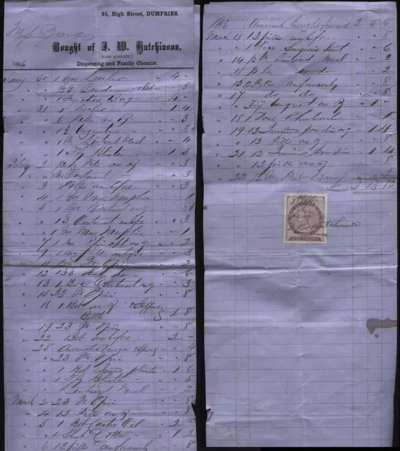 1866 DUMFRIES Hutchinson, CHEMISTS, 95 High St Fine receipted Bill