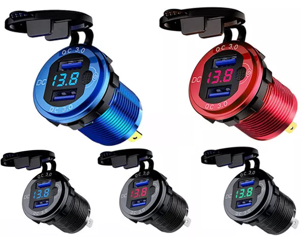 Aluminum Dual USB Port Car Cigarette Lighter Socket Plug LED Voltmeter 12V-24V