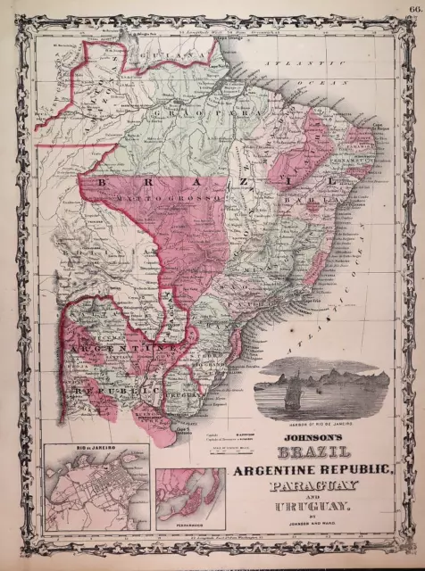 Authentic Antique 1863 Johnson Atlas Map ~ BRAZIL - URUGUAY ~ (14x18) -#1429
