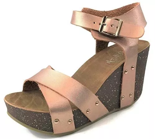 Refresh Mara-05 Rose Gold Fashion Ankle Strap Open Toe Wedge Heeled Sandals