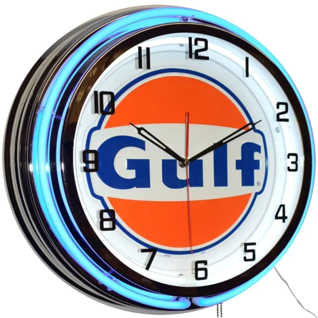 19" Gulf Oil Gasoline Station Logo Sign Double Neon Clock Garage Decor (Blue)