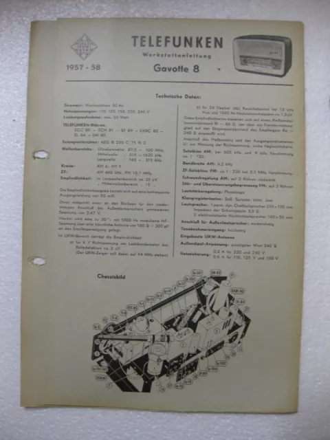 TELEFUNKEN Gavotte 8 Werkstattanleitung / Schaltplan Original 1957-58