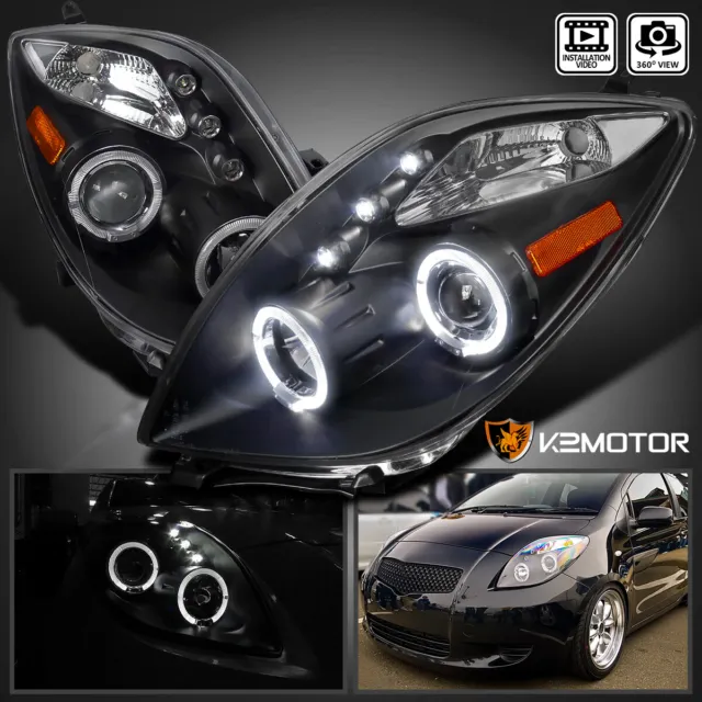 Black Fits 2006-2008 Toyota Yaris LED Halo Projector Headlights Lamps 06-08 L+R