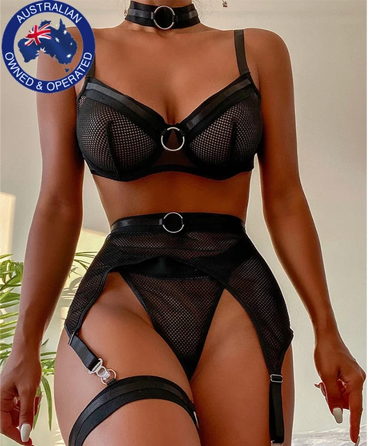 Four-Piece Lingerie Transparent Push Up Bra See through Lace Mesh Garter Choker