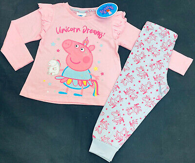 Girls Peppa Pig Unicorn Dream Pink Frilled Pyjamas Pj's Ages 1.5 - 8 Yrs NEW