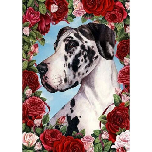 Roses Garden Flag - Uncropped Harlequin Great Dane