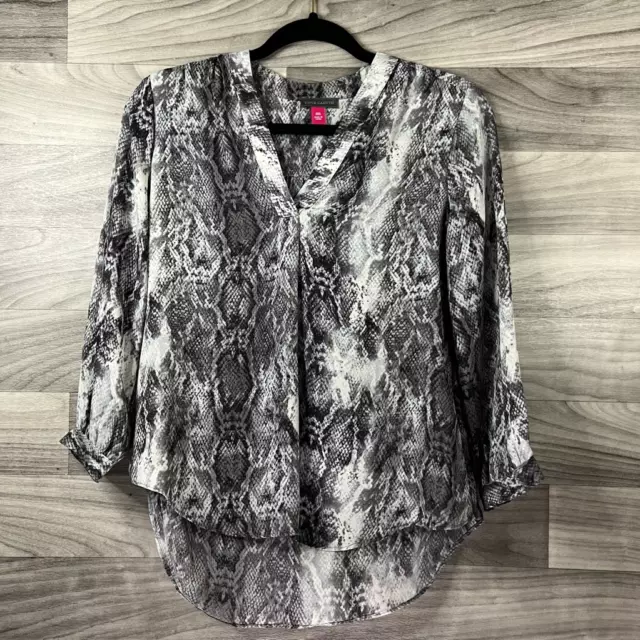 Vince Camuto Womens Blouse Gray Black Snake Skin Print 3/4 Sleeve V Neck 2XS