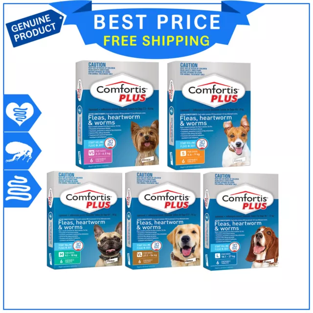 COMFORTIS PLUS for Dogs 6 Chews All Sizes Flea Heartworm Worm treatment