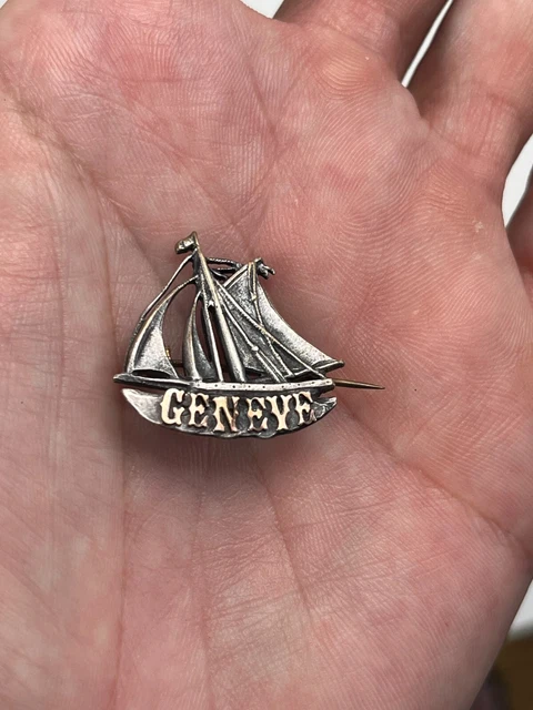 rare broche bijou marine XIXème,voilier en nacre monté sur