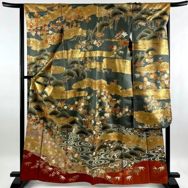 Japanese kimono SILK"FURISODE" long sleeves,Golden cloud, Gold leaf, L5'5"..3129