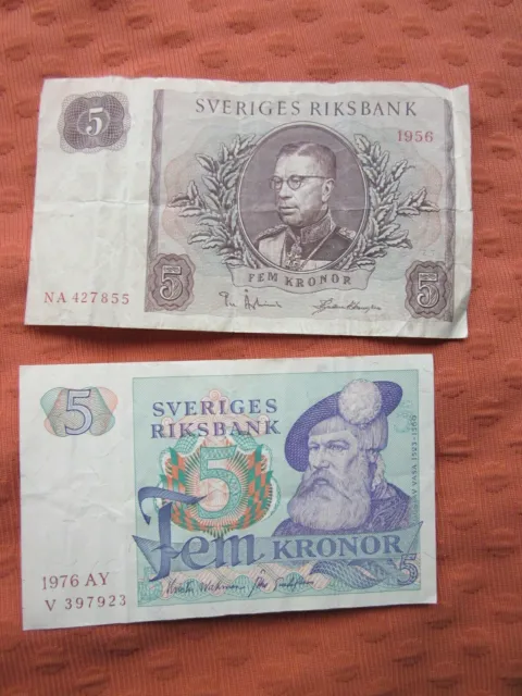 2 x 5 Kronen Banknoten Schweden Sveriges Riksbank 1956 und 1976