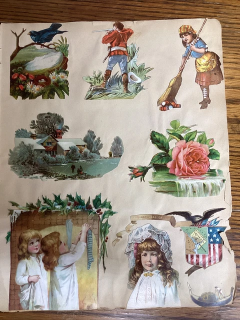 Página de libro de recortes troquelada de colección del siglo XIX con tarjetas victorianas y troquelados en ambos lados