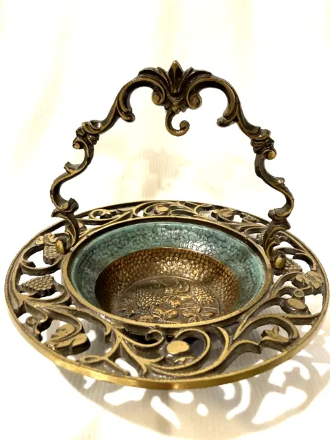 Vtg Judaica Oppenheim Israel Ornate Brass Bowl Basket Grape Vines Signed