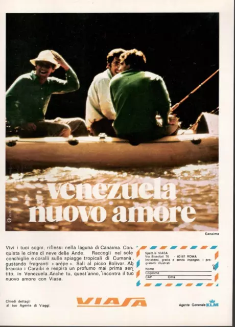 VIASA AIRLINES VENEZUELA NUOVO AMORE Pubblicità 1 pagina 1971 originale