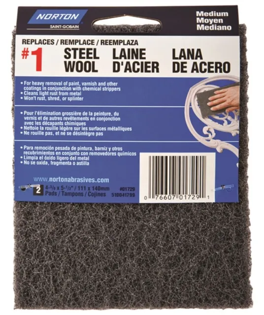 Norton 01729 Steel Wool Pad, 4-3/8 in L, 5-1/2 in W, #1 Grit, Medium, Charcoal