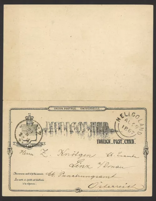 Altdeutschland Helgoland 1887 Ganzsache Postkarte P7 F+A n. Linz in Österreich
