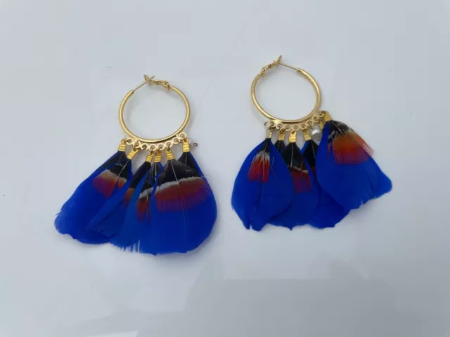 Panacea Earrings Gold Tone Hoops Feathers Blue dangle lever back Women Jewelry N 3