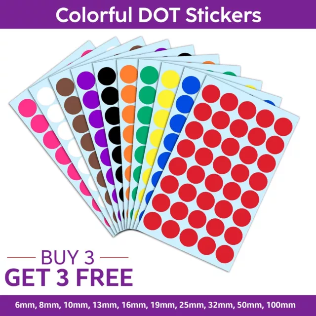 ANY SIZE Coloured Dot Stickers Round Spot Circles Dots Labels Buy 3 Get 3 Free