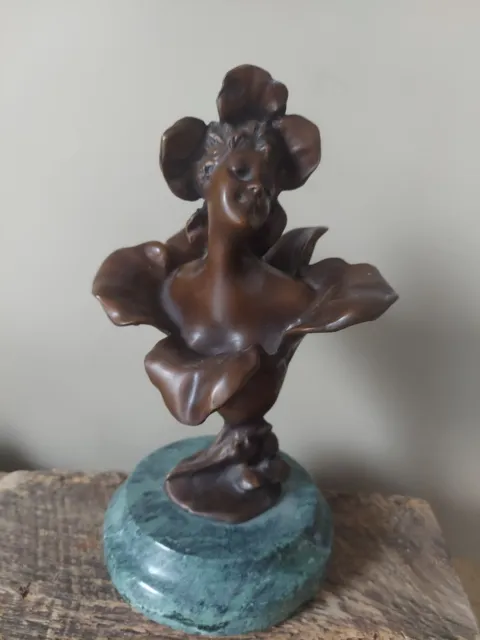 Vintage Bronze Bust Sculpture Villanis Flower Girl Art Nouveau Marble Base