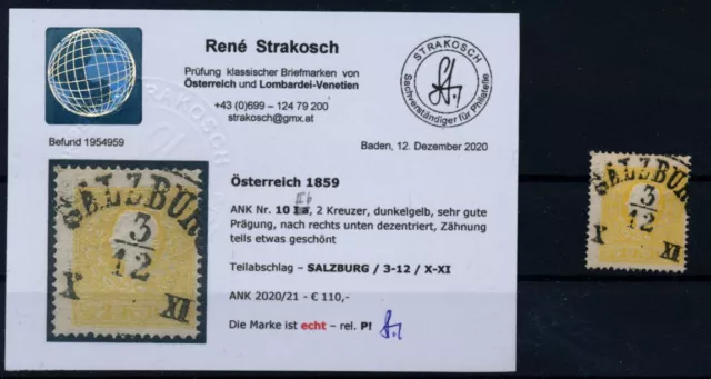 ÖSTERREICH 1858 2Kr, dunkelgelb, Type II. Extrem verzähnt! SALZBURG. Befund!