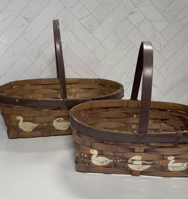 Lot of 2 Vintage Cute Geese Brown Woven Baskets - Small and Medium Sized