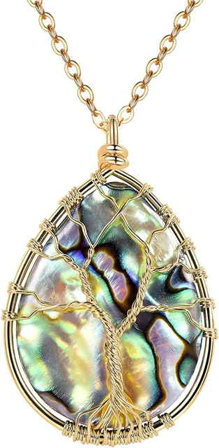 FOCALOOK Stainless Steel Wire Wrapped Tree of Life Abalone Necklaces Handmade Co