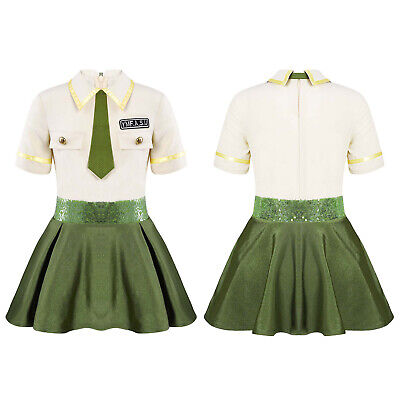 Kids Girls Cosplay Costume Outfit Lapel Collar Pleated Dress Jumpsuit+Tie Set